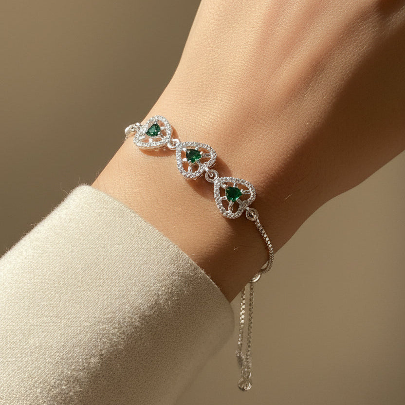 Trio Green Heart Bracelet (Adjustable)