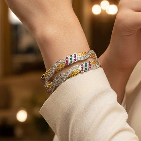 Gold Plated Silver Bangle With Diamond's,  Size(2/8)