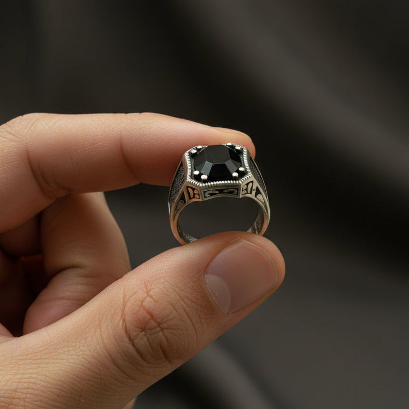 Black Onyx Heritage Silver Mens  Ring