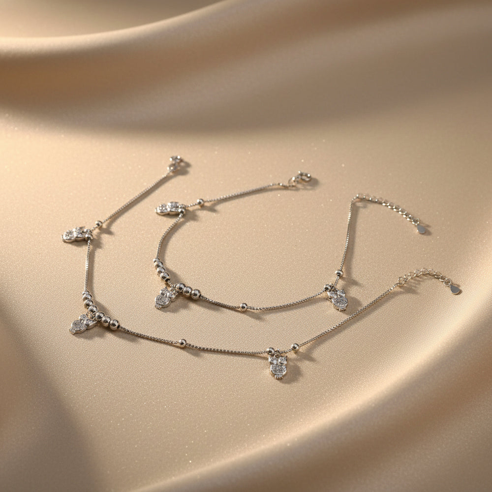 Silver Beaded Crystal Owl Charm 925 Anklet
