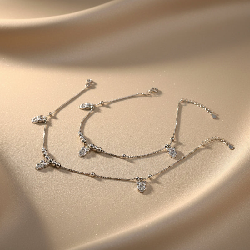 Silver Beaded Crystal Owl Charm 925 Anklet
