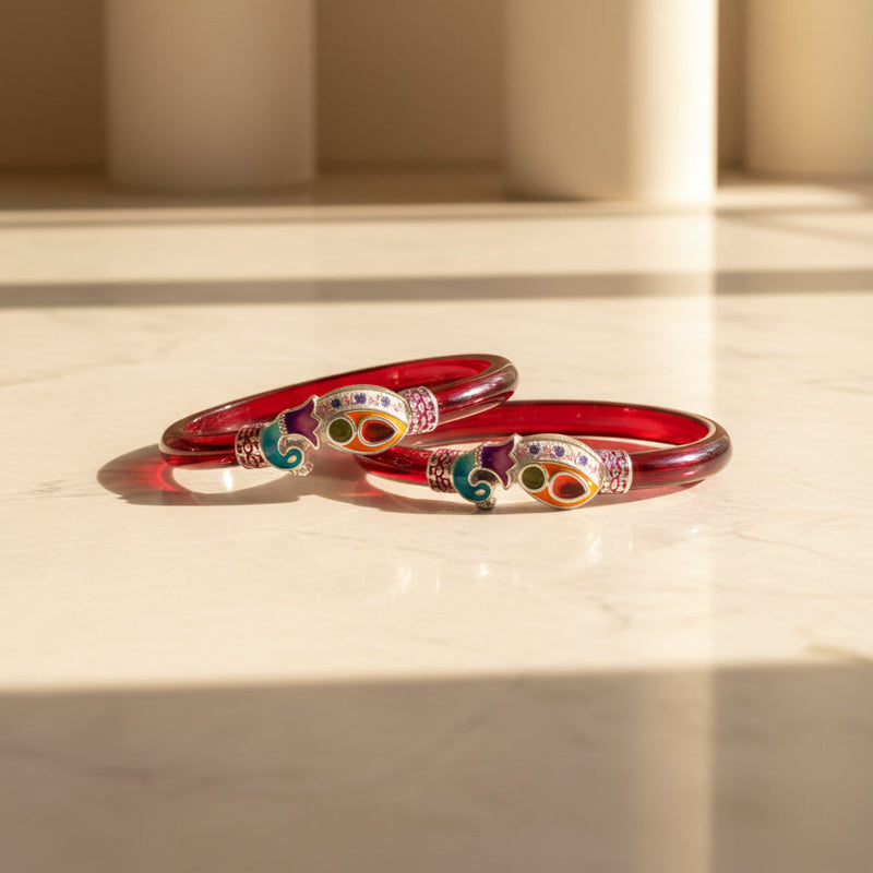 Silver Peacock Design Red kada Bangels,    Size (2/)