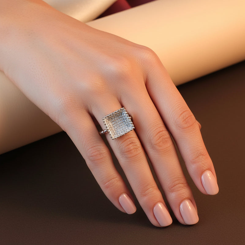 ⏹️ The Grand Square Cocktail Silver Ring with Beaded Band 💍✨