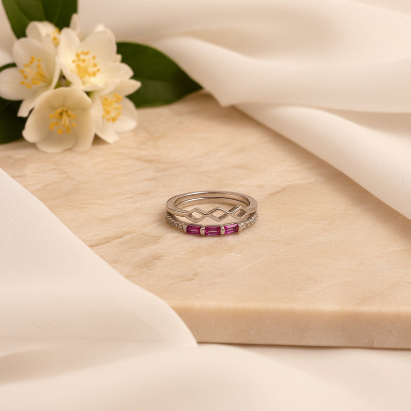 ❤️ The Double Layer Ruby Silver Ring with Geometric Band 💍✨