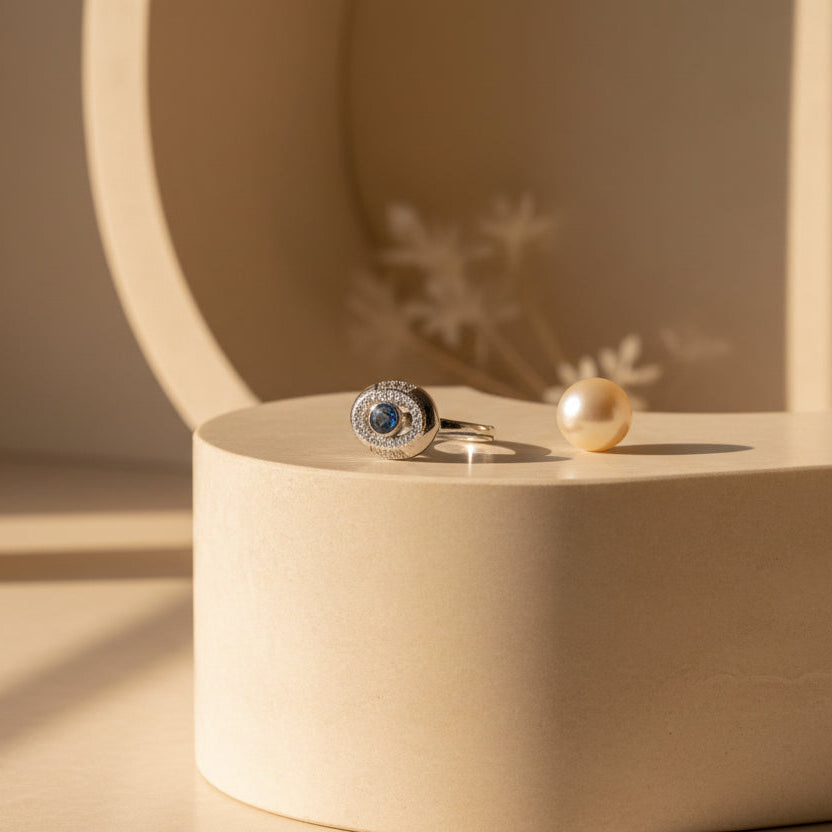 💖 Antique Ocean Drop Silver Ring with Textured Frame 🌟✨