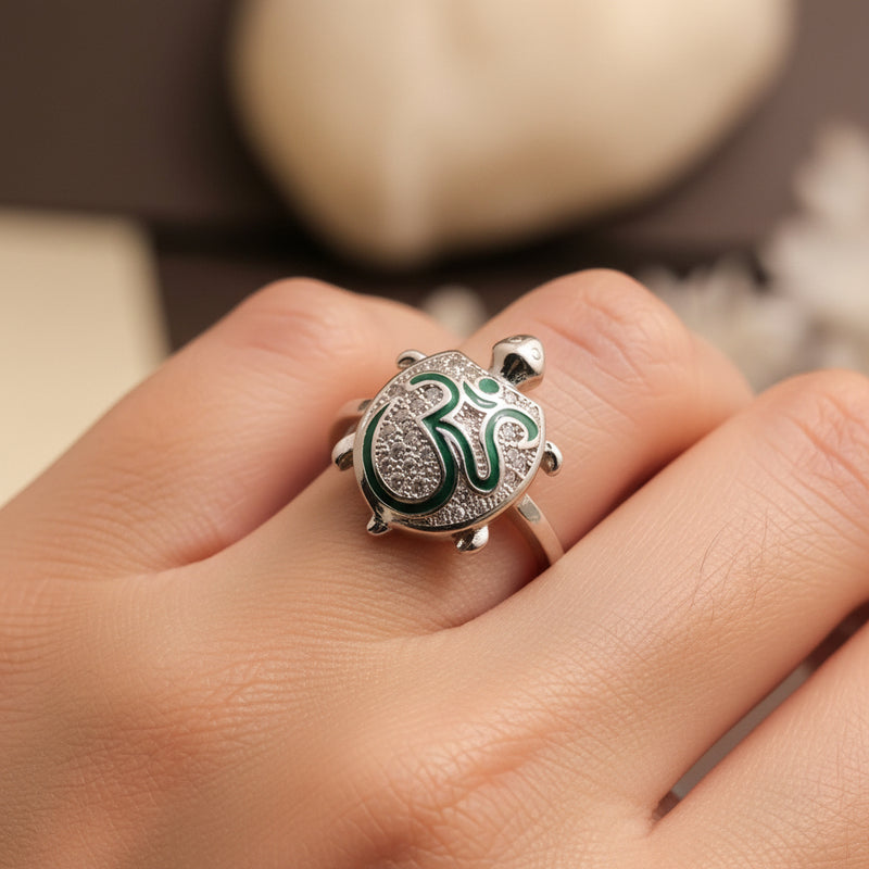 🔱 The Divine Om Tortoise Silver Ring with Green Enamel Outline