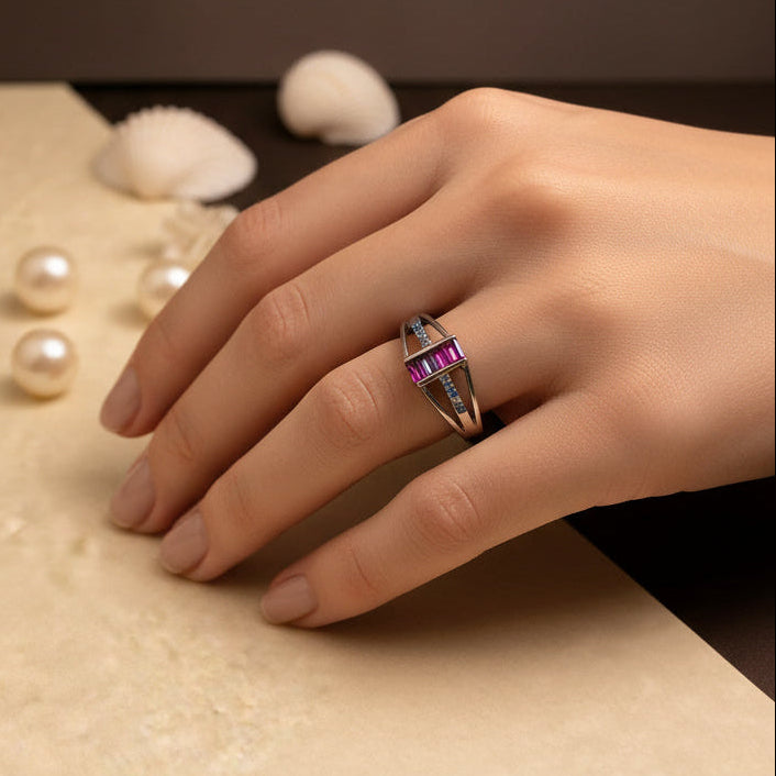 ❤️ The Ruby Glow Silver Ring with Vertical Baguette Row 💍✨