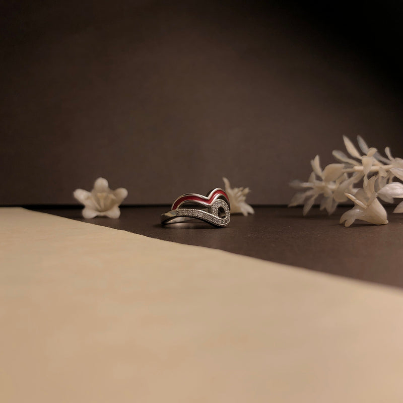 🌸Red Wave Silver Ring with White Stones