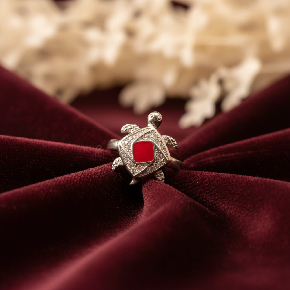 🐢 The Lucky Tortoise Silver Ring with red Enamel Shell
